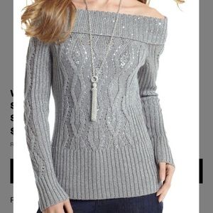 🎉HP🎉 NWOT WHBM Silver Sequin Cable Sweater Sz XS